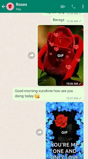 Messaging interface displaying romantic flower and rose GIFs being sent in conversation with love-themed captions