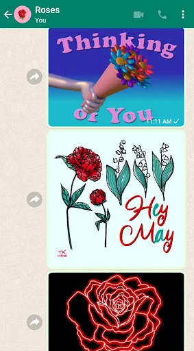Chat screen showing romantic flower GIF animations with love messages including 'Thinking of You' and 'Hi May'