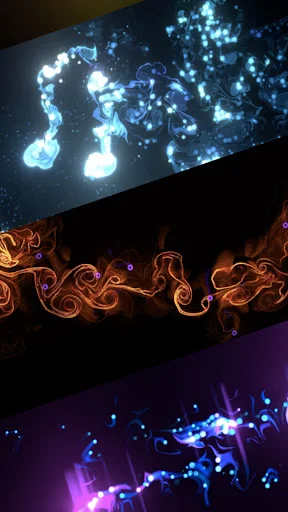 Fluids Particle Simulation app showing glowing blue, orange, and purple fluid effects for meditation and relaxation