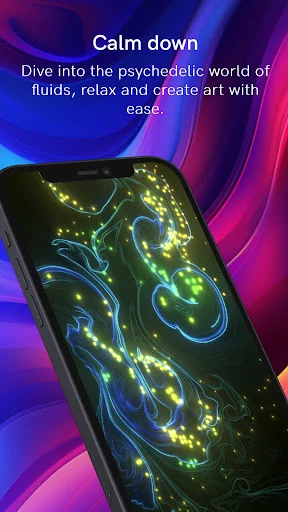 Calm down feature in fluid simulation app with green glowing particles for stress relief and psychedelic art creation