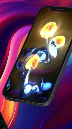Magic fluid app displaying yellow and blue particle effects creating trippy jellyfish-like shapes for anxiety relief
