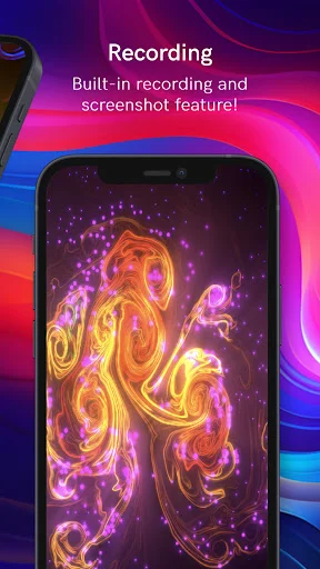 Recording feature in particle simulation app capturing golden and pink glowing fluid animations with screenshot tool