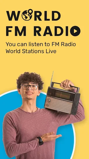 FM Radio app welcome screen showing world FM radio access with vintage radio on yellow background