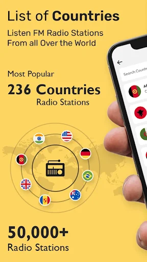 FM Radio app countries list showing 236 countries and 50,000+ radio stations from around the world