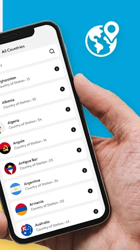 FM Radio app country selection screen displaying alphabetical list with country flags and station counts