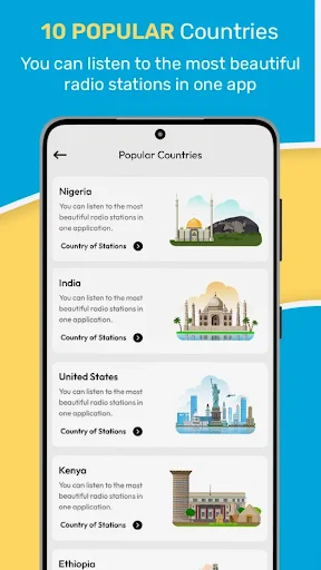 FM Radio app popular countries screen showing Nigeria, India, United States, Kenya with station counts