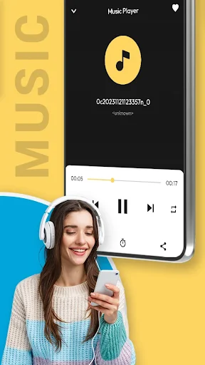 FM Radio app music player interface with play controls, progress bar, and timer for streaming radio