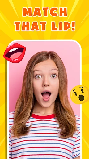 Lip sync game mode 'Match That Lip' featuring girl with exaggerated mouth expression and animated lip, emoji overlays on pink background