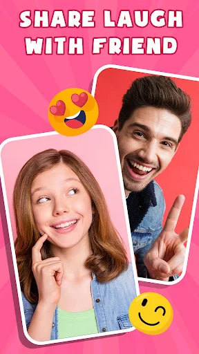Two friends making funny faces in photo frames in Share Laugh with Friend social feature on pink background