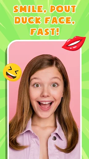 Face challenge game 'Smile, Pout Duck Face, Fast' showing girl making quick expressions with lip and emoji animation effects