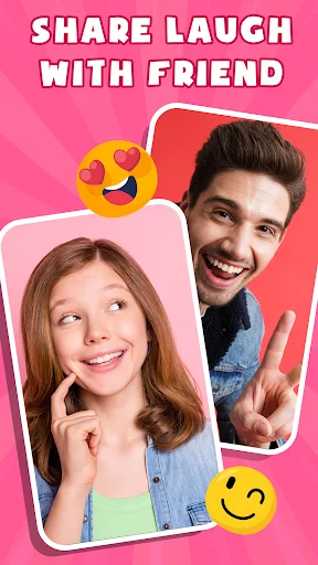 Social sharing feature showing two friends in separate frames with laughing emoji encouraging multiplayer battle challenges