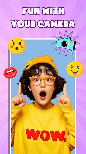Camera filter interface featuring child with enhanced effects, emoji overlays, and camera icon showcasing live camera fun