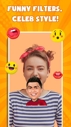 Celebrity-style face mash filter showing person with pink hair styling, mustache overlay, and laughing emojis for funny transformations
