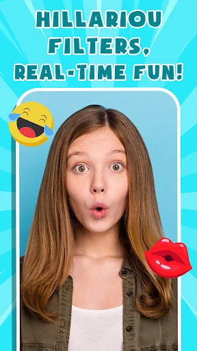 Girl making surprised face with animated lip filter in Hilarious Filters Real-Time Fun app on blue background