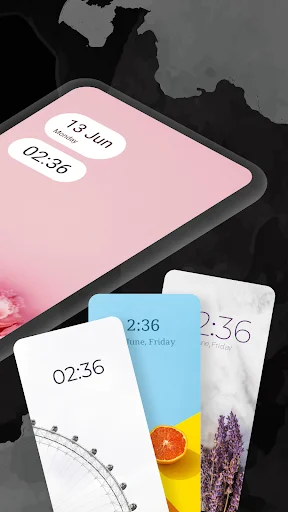 Multiple lock screen theme previews displaying time widgets with colorful wallpaper designs for phone personalization