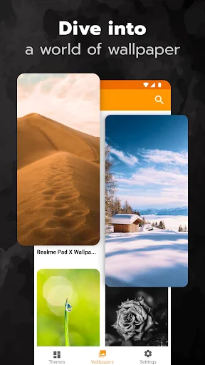 Wallpaper gallery showcasing nature photos including desert dunes, winter cabin, and flower images for phones