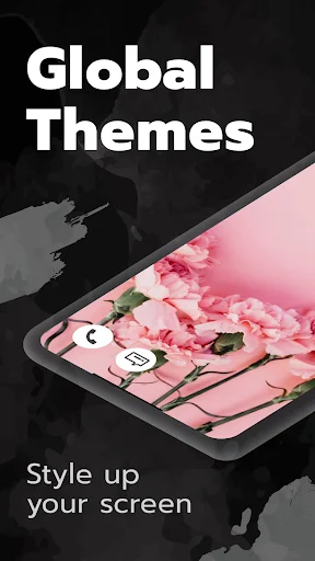 Global Themes app intro screen showing pink floral phone theme customization with Style up your screen tagline