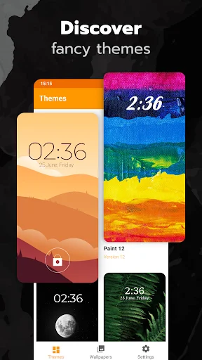 Discover fancy themes gallery featuring colorful lock screen designs including sunset, rainbow, and moon themes