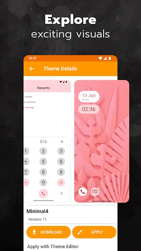 Theme details page for Minimal4 pink theme with download and apply buttons for phone customization