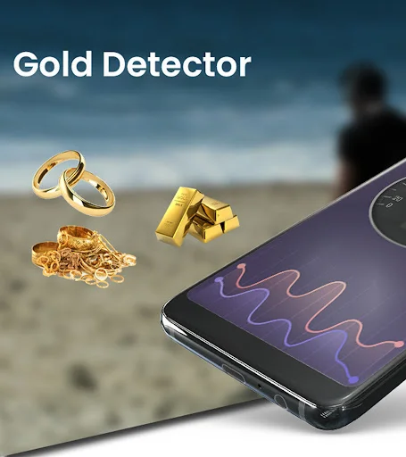 Gold detector app interface on smartphone displaying detected treasures including rings, gold bars, and nuggets on beach