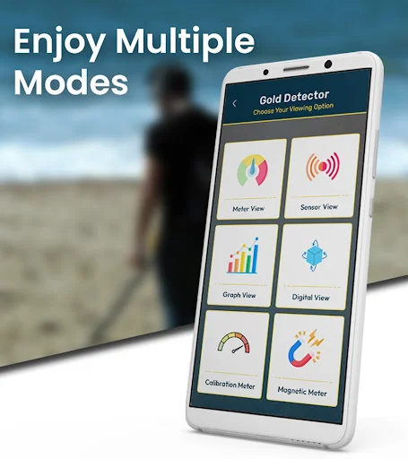 Gold detector app with six detection modes: Meter, Sensor, Graph, Digital, Calibration, and Magnetic Meter options