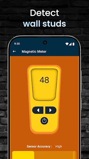 Magnetic Meter wall stud detection tool displaying reading 48 with high sensor accuracy