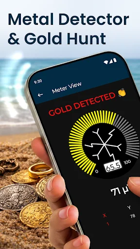 Metal Detector & Gold Hunt meter view showing gold detected with circular gauge display and coordinate readings