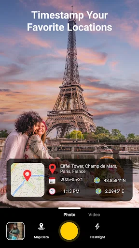 GPS timestamp photo capture of Eiffel Tower with location overlay, date, coordinates, and time metadata displayed