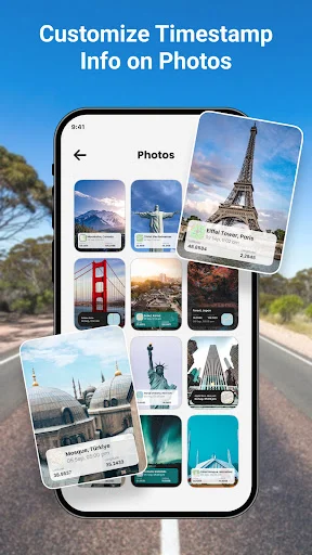 Travel photo gallery with GPS timestamp metadata showing location and date information on multiple destination photos