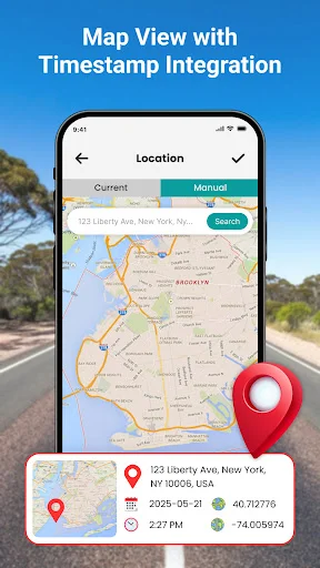 Location map search interface showing address selection with timestamp preview card displaying date, coordinates, time
