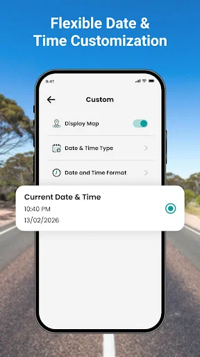 Timestamp customization settings menu with options for map display, date time type, and date time format selection