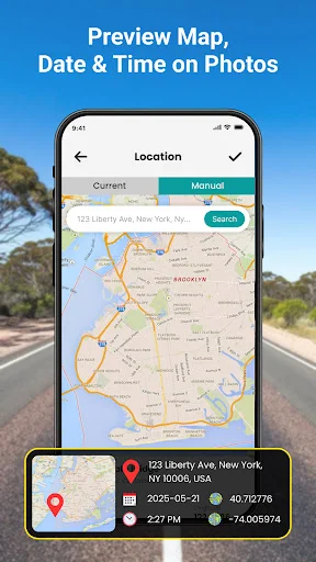 Location map manual search showing address result with timestamp card displaying address, date, coordinates, time
