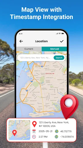 Map view interface with location selection and timestamp information card displaying address, date, time, and coordinates