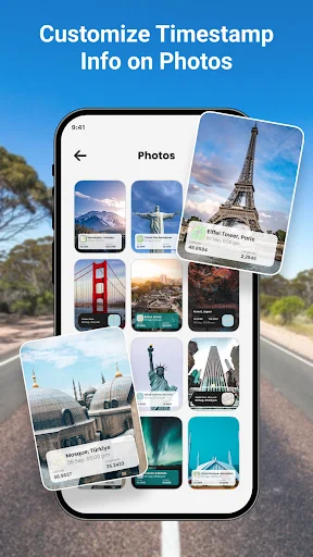 Photo gallery with customized timestamp overlays showing location, date, and time information on multiple travel photos