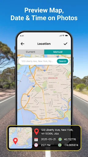 Location map manual search showing address result with timestamp card displaying address, date, coordinates, time
