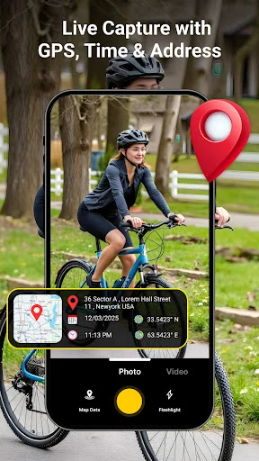 Live GPS camera capture of cyclist with timestamp showing location address, date, time, coordinates and camera controls
