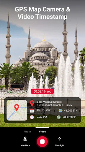 GPS camera video timestamp showing Blue Mosque with location details, date, coordinates, time, and editing controls