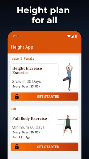 Height Increase Exercise GROW app home screen showing two workout plans with get started buttons for men and women