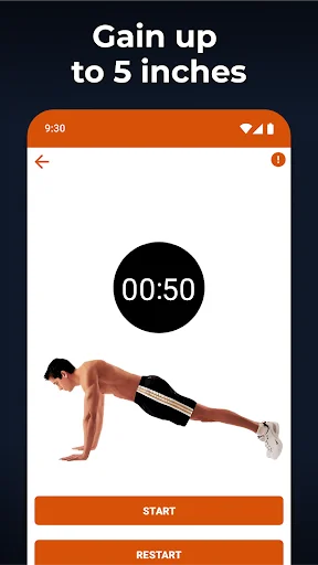 Height increase exercise timer showing plank position with 50-second countdown and start button for home workout
