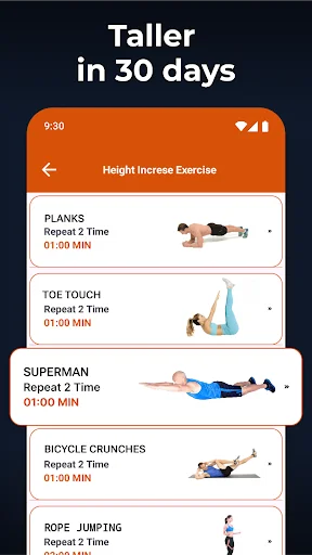 Height Increase Exercise list displaying planks, toe touch, superman, bicycle crunches with durations and repetitions