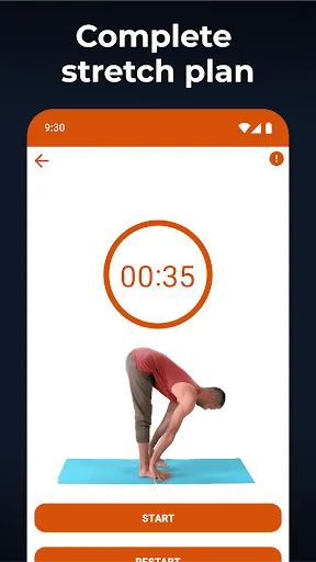 Stretching exercise screen with forward bend pose, 35-second timer, and start button for height growth workout plan