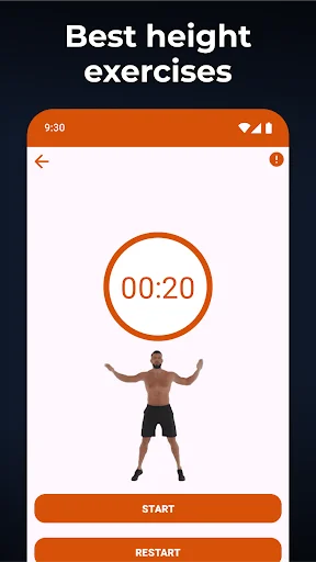 Jump rope exercise timer showing 20-second countdown with start and restart buttons for height increase training