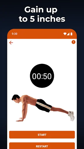Plank exercise demonstration with timer interface for height gain workout in fitness app for men and women