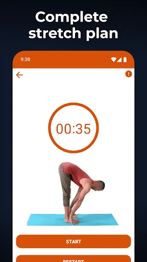 Complete stretch plan exercise showing yoga mat stretching pose with countdown timer in height growth app