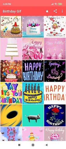 Grid of colorful animated birthday GIFs with cakes, balloons, confetti and party designs for personalized birthday wishes