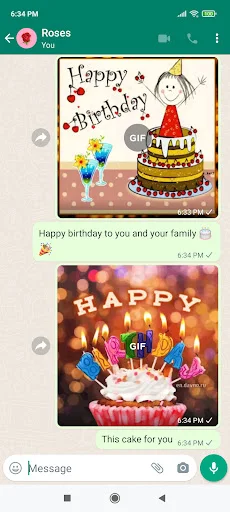 Messaging chat showing birthday GIF previews shared with contact, featuring cake and candles designs with download option