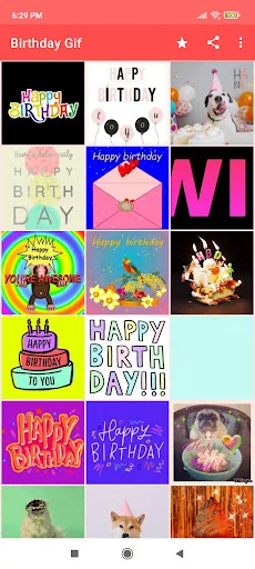 Gallery grid of diverse birthday GIF stickers with text designs, animals, parties and colorful celebration artwork