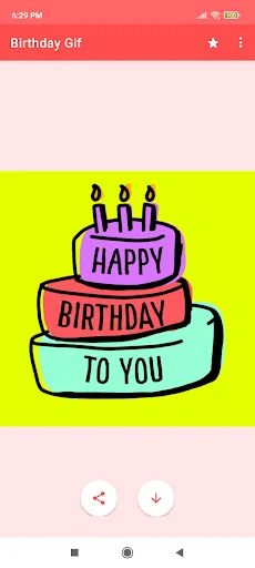 Birthday GIF preview showing purple birthday cake with three candles on bright background with share and download buttons