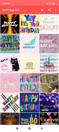 Curated grid of birthday GIF designs with colorful text styles, party themes and festive celebration graphics