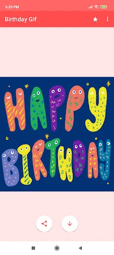 Animated birthday GIF displaying HAPPY BIRTHDAY as colorful character designs on blue background